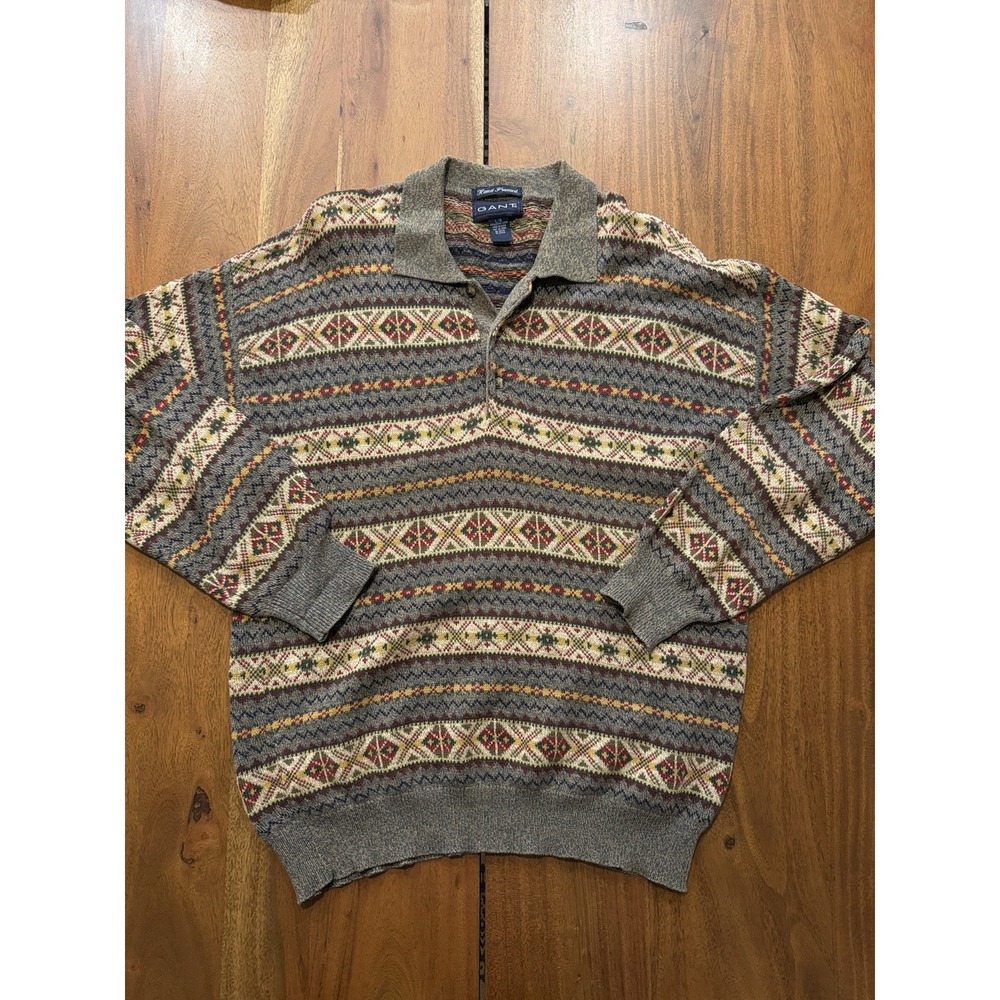 Gant Mens Large Aztec Pattern Knit Sweater Polo Collar Cotton Vintage 90s VTG